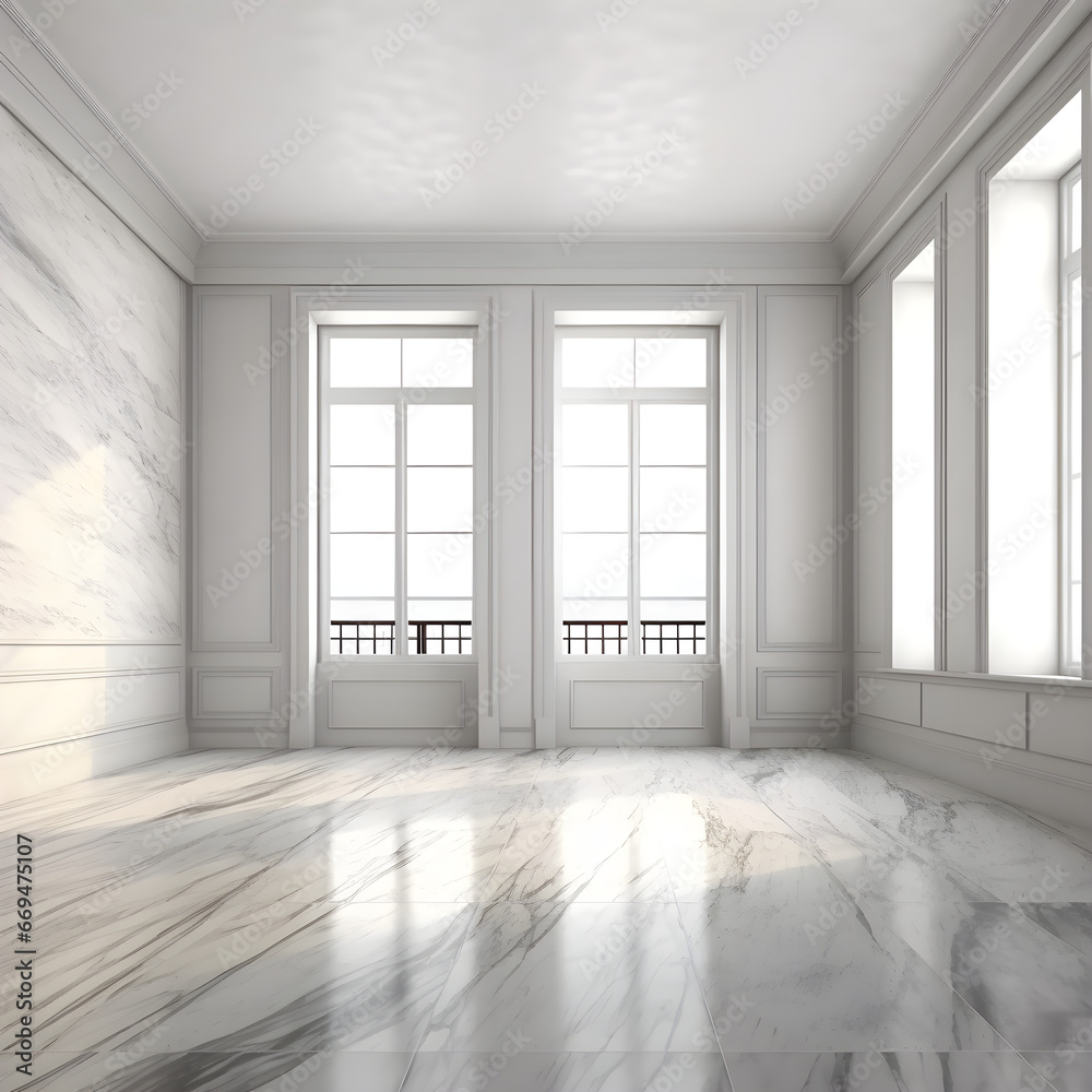 Fototapeta premium Large, elegant, empty room made of marble with large windows