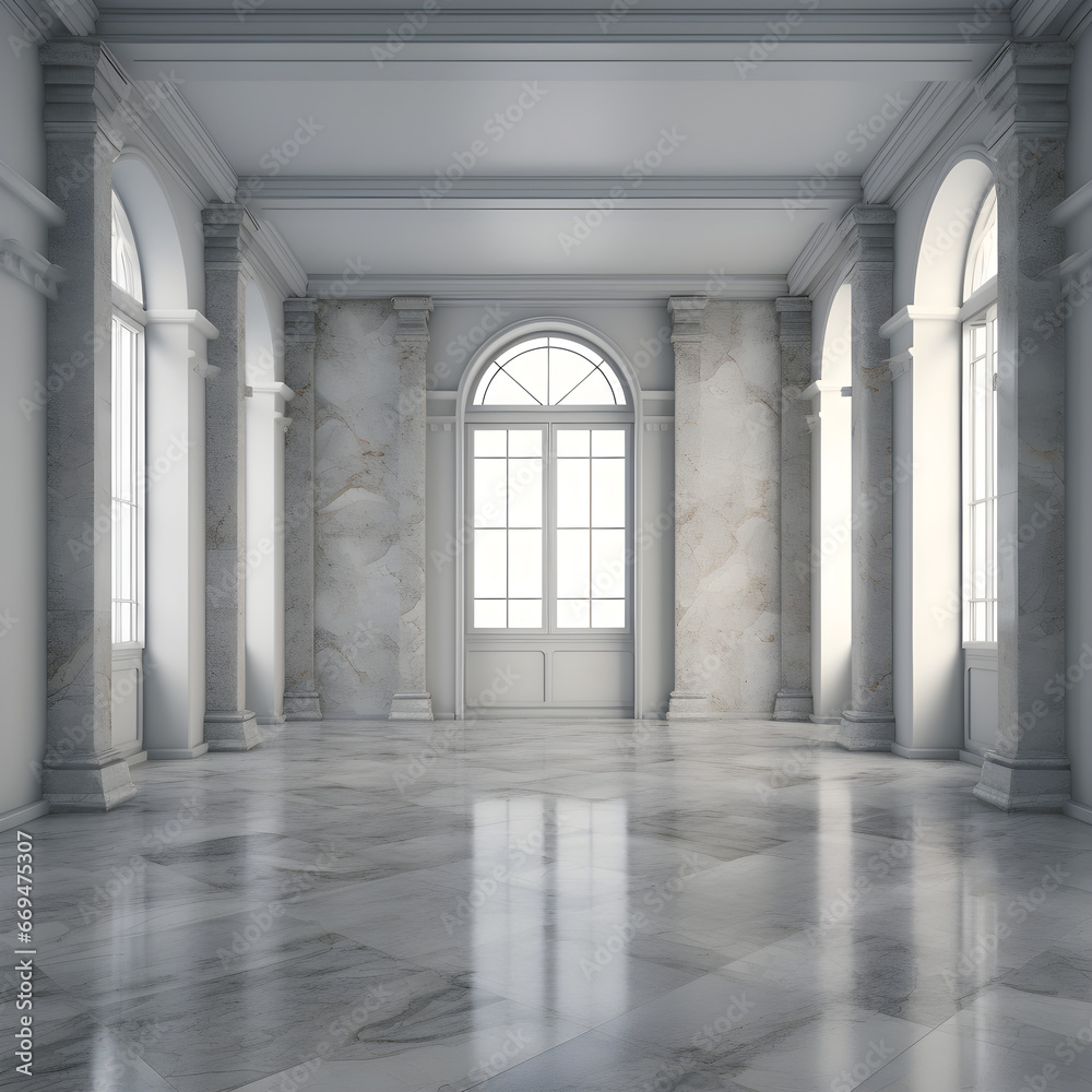 Large empty room made of marble with elgant big windows and high ceiling