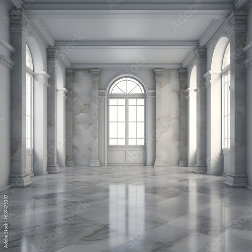 Large empty room made of marble with elgant big windows and high ceiling