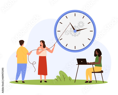 Time management, tiny people moving clock back to meet deadline, pulling arrow with rope