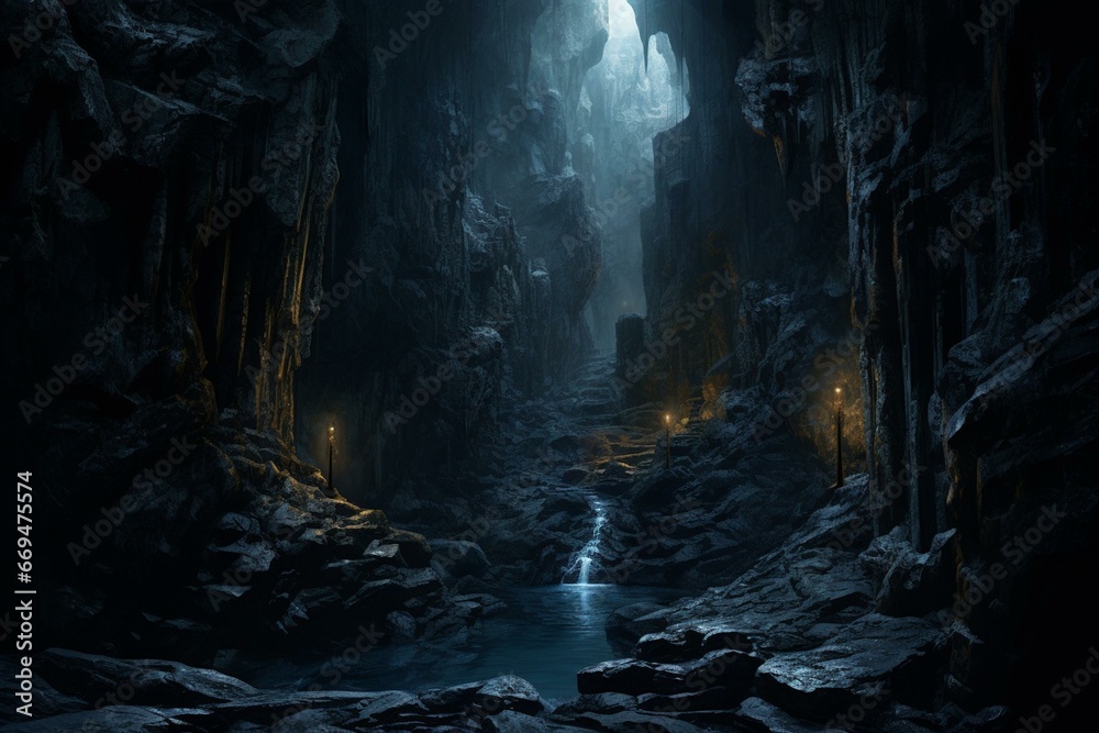 Endless chasm. Dark cavern reveals enchanting view. Generative AI