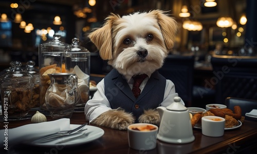 small white dog dressed as a bartender passing by a bar counter next to cups of coffee. generated with ia