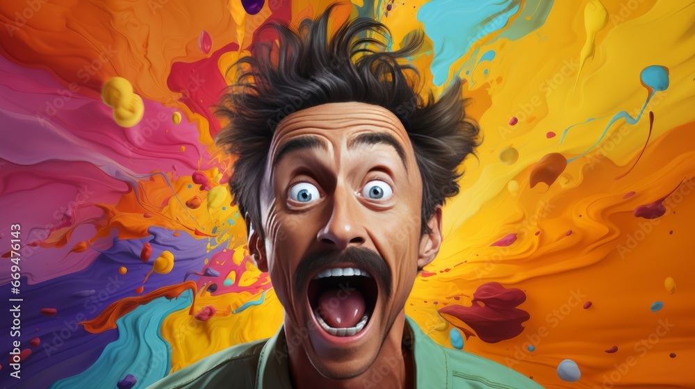 Man with surprised expression and abstract colorful background. Made with Generative AI.	