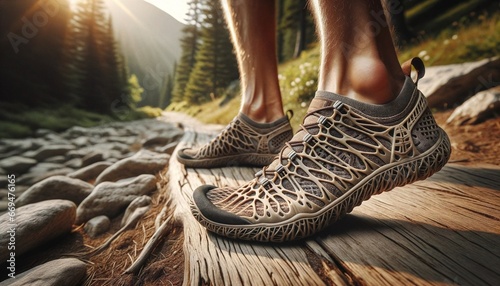 Obraz na płótnie Barefoot hiking shoes concept, product fashion photography w salonie