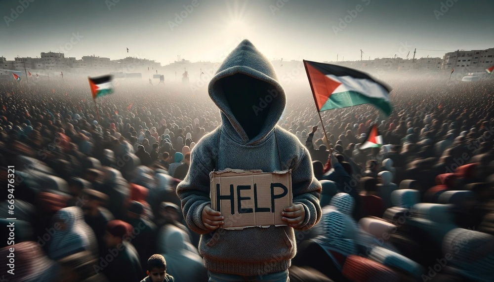 Gaza Israel conflict, Palestinian flag, little child holding sign Help ...