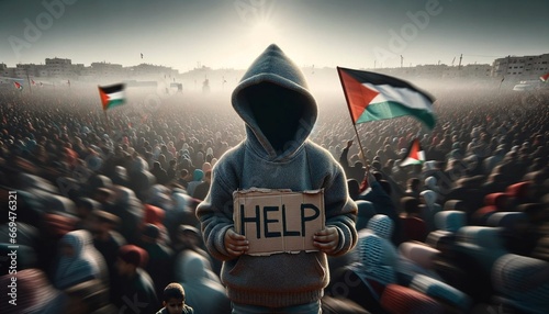 Gaza Israel conflict, Palestinian flag, little child holding sign Help, stop war concept background