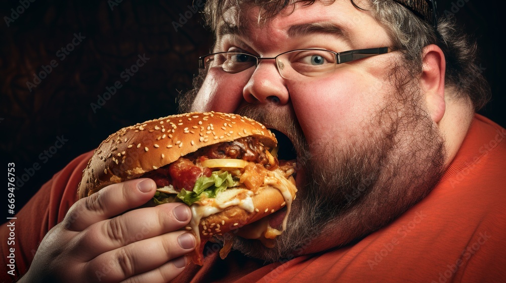 Diet failure: fat man eating a large fast food hamburger. Junk food leads to obesity. The concept of regular overeating. Generative AI Diet failure: fat man eating a large fast food hamburger. Junk food leads to obesity. The concept of regular overeating. Generative AI