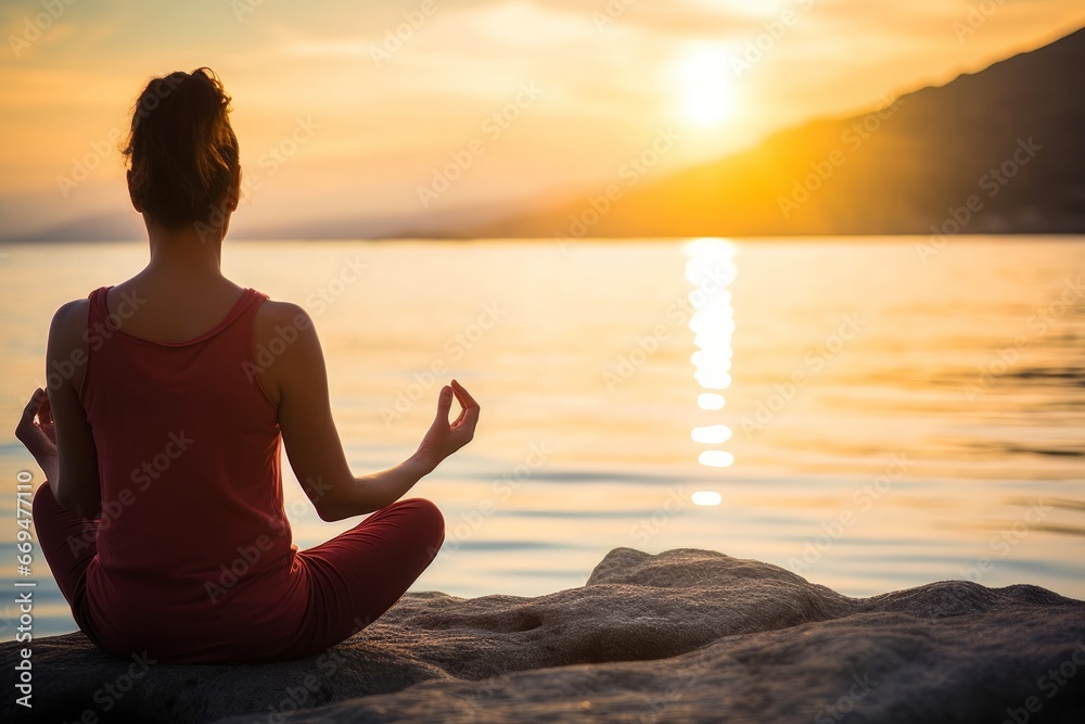 woman meditating by the sea at sunset, Generative AI