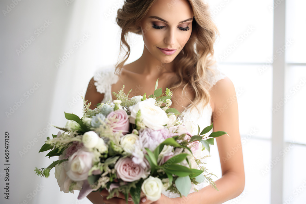 Naklejka premium bride with bouquet of flowers, beautiful bride with wedding bouquet