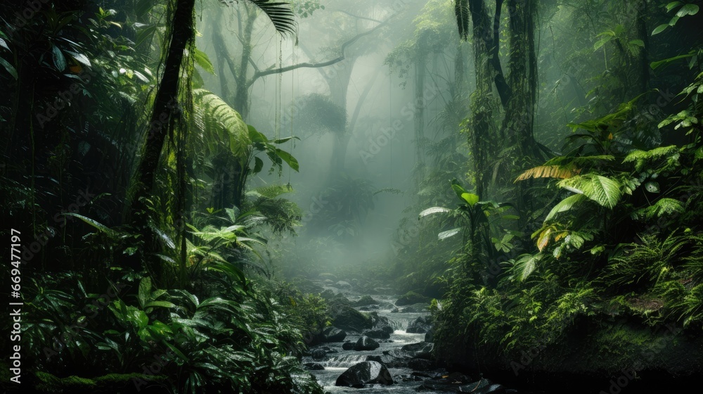 Rainforest with a fog concept, a luxuriant, dense forest rich in biodiversity, found typically in tropical areas with consistently heavy rainfall