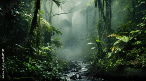 Rainforest with a fog concept  a luxuriant  dense forest rich in biodiversity  found typically in tropical areas with consistently heavy rainfall