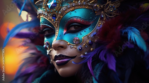 Captivating Mardi Gras masquerade ball unfolds, grand and opulent ballroom. Woman close up dressed in masks, dancing to lively music. Glamour and celebration. generative ai