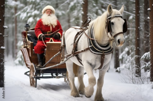 Santa Claus in a red suit on a sleigh rushing through a snowy forest. The concept of Christmas