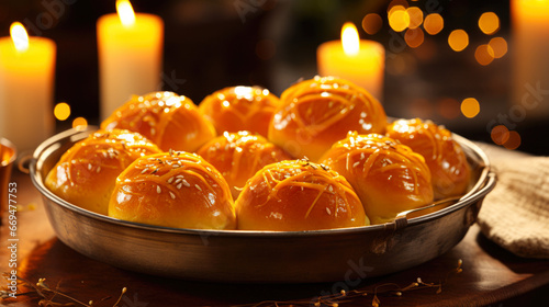 A close-up of a plate of freshly baked saffron buns, a traditional St. Lucia Day delicacy, arranged beautifully set table. The buns are golden and fragrant, evoking the warmth lavor. generative ai photo