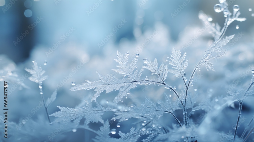 A close-up of delicate snowflakes falling gently on evergreen branches, showcasing beauty winter background. generative ai