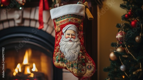 A close-up of a vibrant red St. Nicholas Day stocking hanging by the fireplace. The stocking is beautifully embroidered with festive designs red, christmas tree presents. generative ai