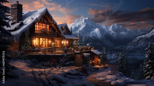 A cozy mountain cabin on a snowy evening, a warm, inviting glow emanating from the windows, showcasing a comfortable, winter retreat. The snow-covered landscape charm. generative a © MoreThanProd
