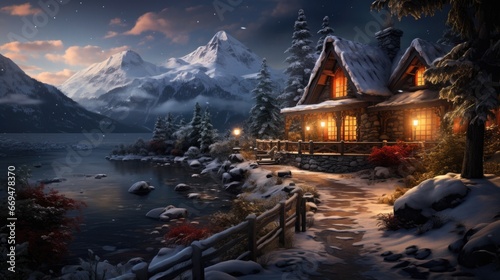 A cozy mountain cabin on a snowy evening, a warm, inviting glow emanating from the windows, showcasing a comfortable, winter retreat. The snow-covered landscape charm. generative a