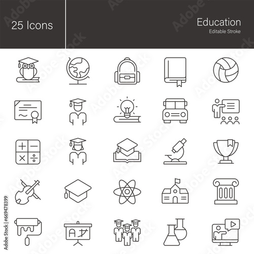 Education Graphic Design icon set. 25 editable stroke vector graphic elements, stock illustration Icon, Graduation, Icon, University Student, Owl