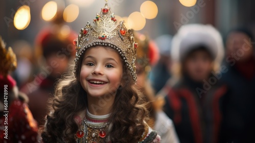 A group of children excitedly follows a colorful Three Kings Day parade through the streets of their town. The parade decorated floats, costumed participants, celebration. generative ai