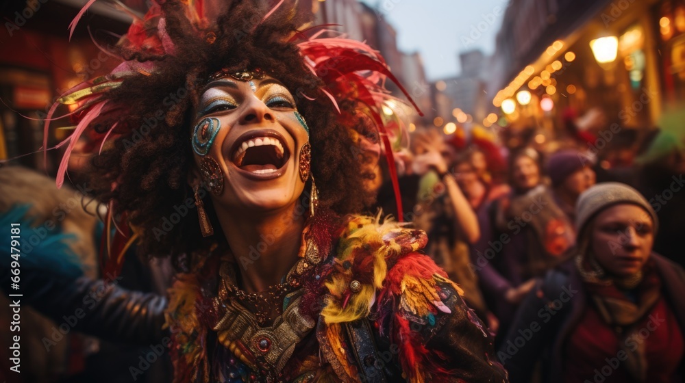 Beautiful woman in Mardi Gras parade in mask costumes, dancing and celebrating on city street. Smile and fun atmosphere and colorful festive and joyful spirit Mardi Gras. generative ai