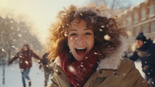 Portrait expressive happy girl. A group of friends enjoying a thrilling snowball fight in a snow-covered park, vibrant winter jackets, and rosy cheeks, snowflakes mid-air. generative ai © MoreThanProd