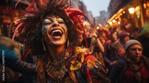 Beautiful woman in Mardi Gras parade in mask costumes, dancing and celebrating on city street. Smile and fun atmosphere and colorful festive and joyful spirit Mardi Gras. generative ai