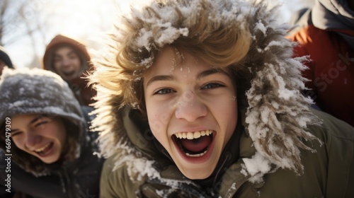 Portrait of an emotional happy teenage boy. A group of kids enjoying a thrilling snowball fight in a snow-covered park, vibrant winter jackets, snowflakes. generative ai