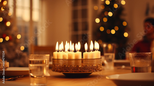 A heartwarming Hanukkah celebration takes place in a cozy family home. A beautifully lit menorah with burning candles stands on a table, illuminating the room with a warm, golden glow. generative ai photo