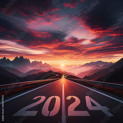 2024 Stunning Sunset Roadway Amidst Majestic Mountains photo