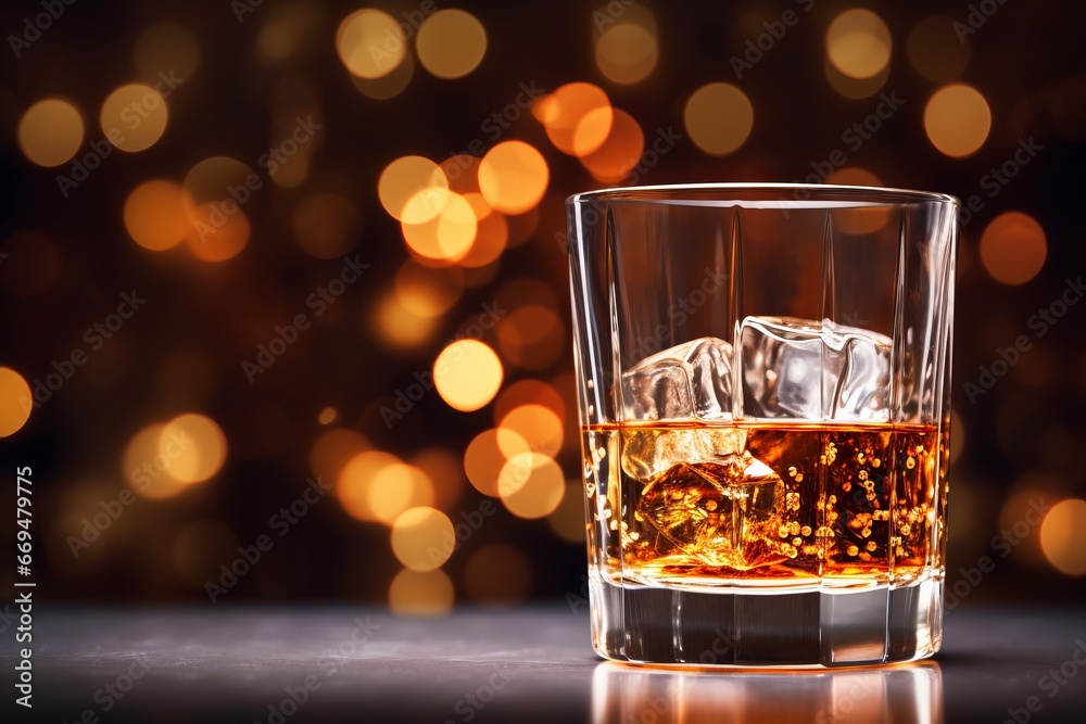 Christmas background with glass on whiskey on ice Christmas background with glass on whiskey on ice