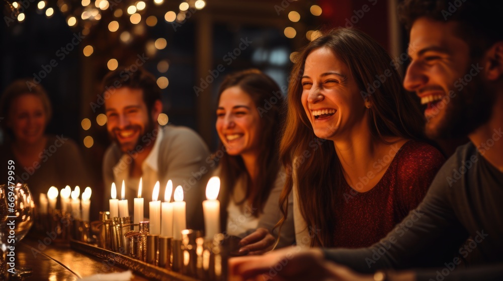 A family around the Hanukkah table, adorned with traditional holiday foods such as latkes and sufganiyot. The menorah,  radiant candles, symbolizes the eight nights of Hanukkah. generative ai