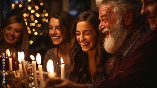 A family around the Hanukkah table  adorned with traditional holiday foods such as latkes and sufganiyot. The menorah   radiant candles  symbolizes the eight nights of Hanukkah. generative ai