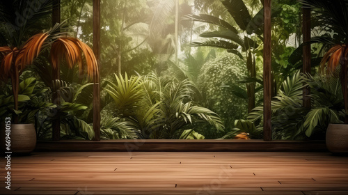 wooden empty floor display zen wellness spa serenity home window - by generative ai