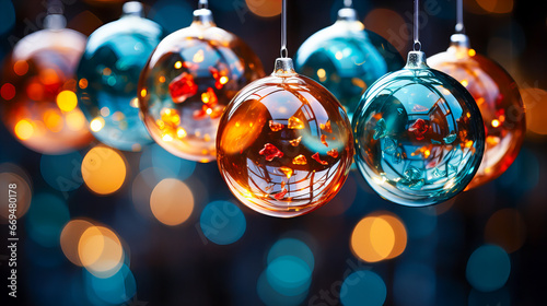 Christmas and New Year background with bokeh lights and Christmas balls. Colorful glass balls hanging in the air on dark background. Abstract background. 3D rendering. Generative AI technology. photo
