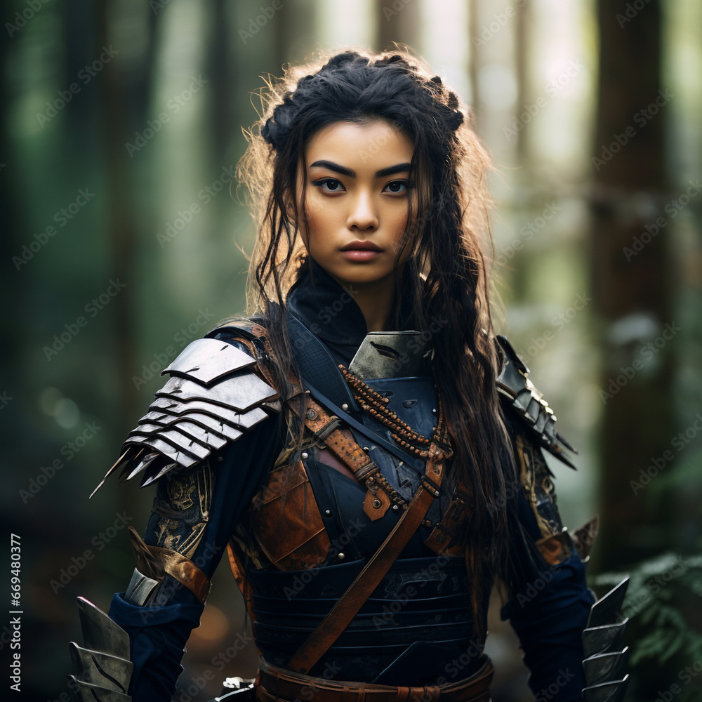 Naklejka premium Samurai Warrior in the Forest: A Portrait of a Determined Female Fighter