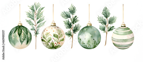 Watercolor set with silver Christmas ornament balls and pine greens, isolated on white background