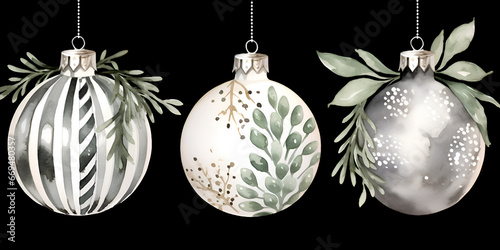 Watercolor Illustration of colorful Christmas ornament balls isolated on black background