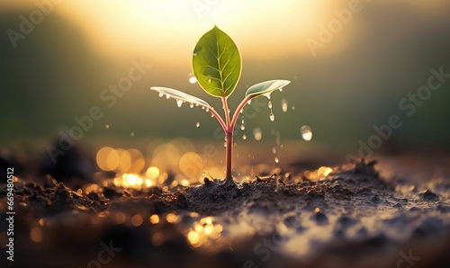 young plant growing from seed in soil in park in sun rise with raining drops, Generative ai, Generative AI photo