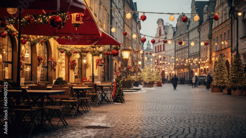 View historic European town square adorned with St. Nicholas Day decorations. The square features a charming Christmas market, traditional stalls, and colorful lights. generative ai