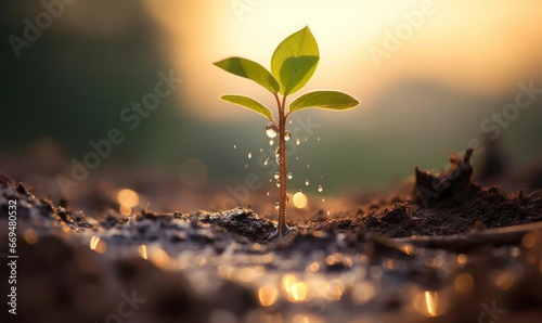young plant growing from seed in soil in park in sun rise with raining drops, Generative ai, Generative AI
