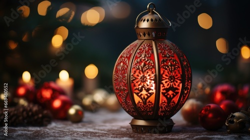 A red St. Nicholas Day lantern  intricately designed with holiday motifs and softly illuminated to symbolize the holiday s cultural traditions magic. generative ai