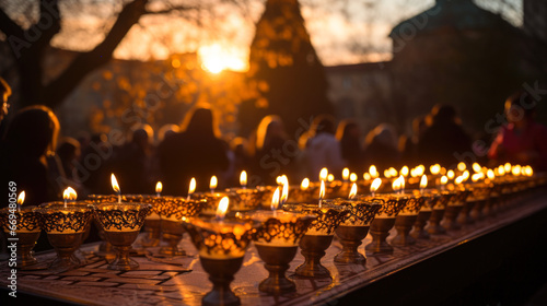 A scenic Hanukkah menorah lighting ceremony takes place outdoors, against the backdrop of a historic synagogue. The candles, symbolizing the miracle of Hanukkah. generative ai