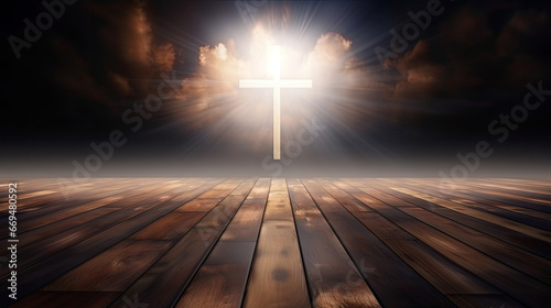 wooden empty floor display cross jesus christ god faith - by generative ai