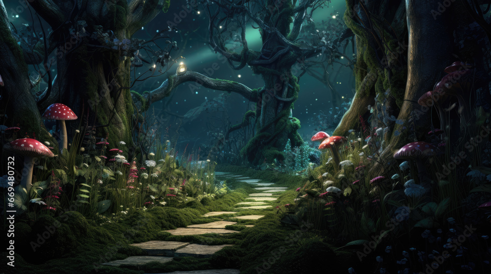 Naklejka premium mysterious forest in the night wonderland fairy tale fantasy enchanted - by generative ai
