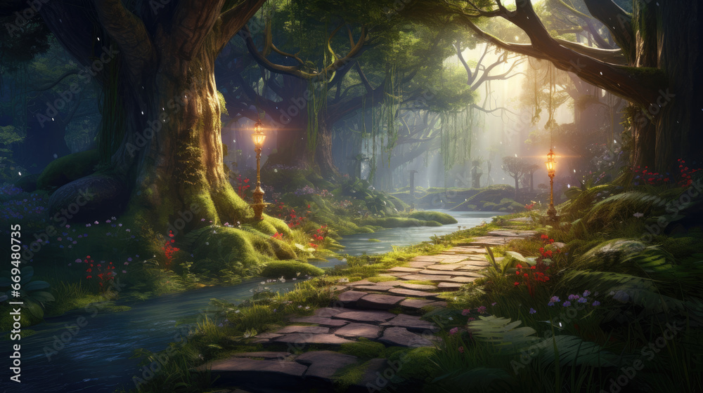 mysterious forest wonderland fairy tale fantasy enchanted - by generative ai
