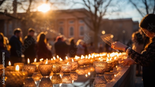 A scenic Hanukkah menorah lighting ceremony takes place outdoors, against the backdrop of a historic synagogue. The candles, symbolizing the miracle of Hanukkah. generative ai