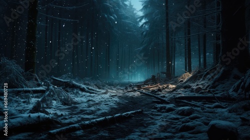 A serene winter wonderland in a forest, freshly fallen snow covering the trees and ground, a soft, ambient glow from the moon and stars, creating a tranquil scene. generative ai