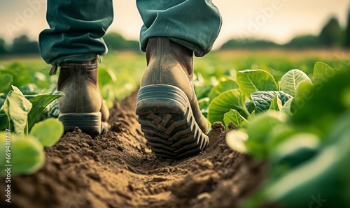 close-up of a farmer's feet in rubber boots walking in field green plants with agricultural vehicle background, Generative AI photo