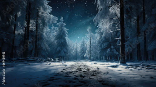 A serene winter wonderland in a forest, freshly fallen snow covering the trees and ground, a soft, ambient glow from the moon and stars, creating a tranquil scene. generative ai